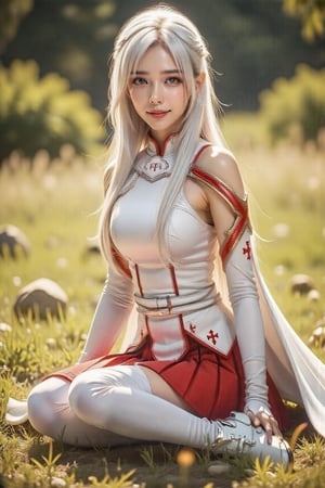 Cinematic Photography, 1girl, white_hair, perfect body, skinny waist, lovely smile | The girl is wearing a white and red warrior outfit that combines elegance and practicality, featuring a form-fitting sleeveless top with a high collar and reinforced chest armor plates, red and gold shoulder accents that leave her upper arms exposed, and a pleated red skirt adorned with intricate, royal cross patterns near the hem, reminiscent of medieval heraldry. Her thigh-high white stockings are detailed with red royal cross designs that wrap at her sides of stockings, adding a regal touch to her look. Long white gloves extend past her elbows, while a flowing cape-like back skirt drapes down to her ankles, creating a dynamic sense of movement. Ankle-high white boots complete the outfit, emphasizing her role as a warrior. She sits gracefully on the grass with one leg bent and the other extended, her torso gently angled to the side, supported by one hand resting on the ground, while her head tilts slightly upward, gazing at the scenery with a serene expression, her posture radiating a sense of peace and contentment amidst the beauty of nature. | Perfect dynamic composition, Perfect Realism Photography, Portrait Photography, Realistic, hyper realistic, full shot, panorama