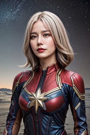 (asian girl, 18yo, white hair, suit of captain marvel), hands_on_hips, leg_lift, cowboy_shot, space ship, galaxy, universal, 
highres 32k wallpaper, ultra highres, masterpiece, ultra realistic, The atmosphere is captured in high grain, reminiscent of ISO 800 film with wide angle, photorealistic, REALISM