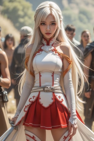 Cinematic Photography, 1girl, white_hair, perfect body, skinny waist | A young woman in a white and red warrior outfit stands in a dynamic battle stance. Her sleeveless top with chest armor, red-gold shoulder accents, and pleated red skirt with royal cross patterns evokes medieval nobility. She wears thigh-high white stockings with red royal cross designs, long white gloves, and ankle-high boots. A cape-like back skirt flows behind her, adding motion. She grips a smallsword firmly in front, angled upward, her posture balanced and ready to strike. The scene is set in a fantasy battlefield, with her intense gaze locked on an unseen opponent. The backdrop might be a fantastical battlefield or medieval setting, where her attire not only serves as protection but also represents her strength and status in combat. | Perfect dynamic composition, Perfect Realism Photography, Portrait Photography, Realistic, hyper realistic, full shot, panorama