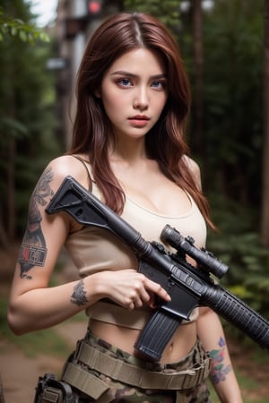 1girl, red_hair, perfect body, perfect clavicle, cleavage, skinny waist, intense stare | (vine_tattoo), assault rifle, m16 rifle, military suit | battlefield in background, ambientlight | Perfect dynamic composition, Perfect Realism Photography, Portrait Photography, Realistic, (bokeh effect:1.3)