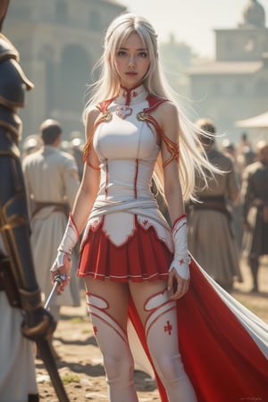 Cinematic Photography, 1girl, white_hair, perfect body, skinny waist | A young woman in a white and red warrior outfit stands in a dynamic battle stance. Her sleeveless top with chest armor, red-gold shoulder accents, and pleated red skirt with royal cross patterns evokes medieval nobility. She wears thigh-high white stockings with red royal cross designs, long white gloves, and ankle-high boots. A cape-like back skirt flows behind her, adding motion. She grips a smallsword firmly in front, angled upward, her posture balanced and ready to strike. The scene is set in a fantasy battlefield, with her intense gaze locked on an unseen opponent. The backdrop might be a fantastical battlefield or medieval setting, where her attire not only serves as protection but also represents her strength and status in combat. | Perfect dynamic composition, Perfect Realism Photography, Portrait Photography, Realistic, hyper realistic, full shot, panorama, from side 