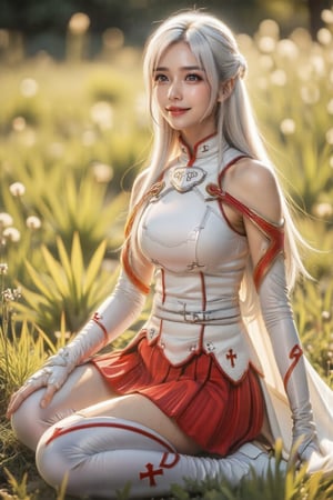 Cinematic Photography, 1girl, white_hair, perfect body, skinny waist, lovely smile | The girl is wearing a white and red warrior outfit that combines elegance and practicality, featuring a form-fitting sleeveless top with a high collar and reinforced chest armor plates, red and gold shoulder accents that leave her upper arms exposed, and a pleated red skirt adorned with intricate, royal cross patterns near the hem, reminiscent of medieval heraldry. Her thigh-high white stockings are detailed with red royal cross designs that wrap at her sides of stockings, adding a regal touch to her look. Long white gloves extend past her elbows, while a flowing cape-like back skirt drapes down to her ankles, creating a dynamic sense of movement. Ankle-high white boots complete the outfit, emphasizing her role as a warrior. She sits gracefully on the grass with one leg bent and the other extended, her torso gently angled to the side, supported by one hand resting on the ground, while her head tilts slightly upward, gazing at the scenery with a serene expression, her posture radiating a sense of peace and contentment amidst the beauty of nature. | Perfect dynamic composition, Perfect Realism Photography, Portrait Photography, Realistic, hyper realistic, full shot, panorama