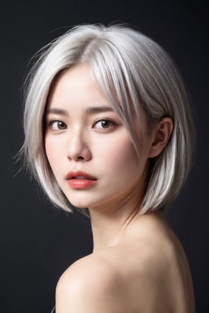 Asian girl, 18yo, ((white hair)), cowboy shot, highres 16k wallpaper, ultra highres, masterpiece, ultra realistic, The atmosphere is captured in high grain, reminiscent of ISO 800 film with wide angle, photorealistic, REALISM