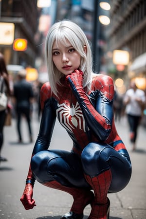 (1girl, white hair), (spiderman suit), cosplay, squatting like spiderman, (bokeh effect:1.3), (cowboy_shot),  ISO 800