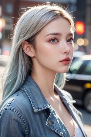 1girl, white_hair:blue_hair:0.5, perfect body, skinny waist, sadness | unbutton jeans jacket, undress | street in background, realistic, (bokeh effect:1.3)