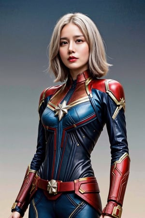 (asian girl, 18yo, white hair), (suit of captain marvel), hands_on_hips, leg_lift, lightning surrounded, (cowboy_shot), 
highres 16k wallpaper, ultra highres, masterpiece, ultra realistic, The atmosphere is captured in high grain, reminiscent of ISO 800 film with wide angle, photorealistic, REALISM