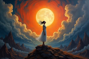 Perfect dynamic composition, Perfect Realism Photography, Portrait Photography, Realistic, hyper realistic, Cinematic Photography, panorama. | Painting "Mid-Autumn Festival, Chang'e Ascends to the Moon" in the style of Skrik (The Scream by Edvard Munch) | A swirling vortex of color and emotion. The serene image of Chang'e ascending toward the moon would be replaced by an ethereal, ghostly figure, her face twisted in an expression of both longing and existential fear. The moon, once a soft beacon of light, becomes a looming, distorted presence in the sky, glowing with an unsettling, almost ominous brightness. The surrounding clouds and night sky, instead of being calm, are now rendered in jagged, chaotic brushstrokes, their hues exaggerated into swirling oranges, reds, and purples, mirroring an inner turmoil. The landscape below, typically peaceful and harmonious in traditional depictions, undulates like a dreamscape, with distorted, ghostly silhouettes watching her ascent, emphasizing a sense of isolation and the fragility of the human condition in the face of the vast, uncaring universe. The entire scene vibrates with tension, as if the very fabric of reality is on the verge of unraveling.