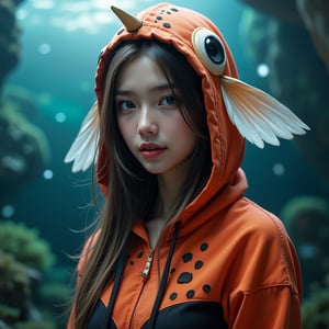 Perfect dynamic composition, Perfect Realism Photography, Portrait Photography, Realistic, hyper realistic, Cinematic Photography, panorama, 1girl, perfect body, skinny waist, mouth slightly open, cheeks puffed out as swelling to the size of small balloons, lips form a round | She is wearing a a striking hoodie designed with aquatic vibes, based on the Seaking's fish-like features. The body of the hoodie would be an orange-red base with black accents around the chest and head area, mimicking the fish’s distinct pattern. The hood would feature a small cream-colored horn at the top, representing the Seaking's horn, along with large fish eyes on either side. The sleeves and back could be designed with white, flowing fin-like extensions with black spots, resembling the Seaking's delicate and ornate fins. This hoodie would blend elements of aquatic elegance and fantasy, perfect for a fun and unique outfit. | Her mouth slightly open and her cheeks puffed out, as her lips form a round. | The backgound is aquarium.