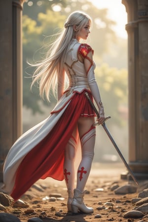 Cinematic Photography, from back, 1girl, white_hair, perfect body, skinny waist | A young woman in a white and red warrior outfit stands in a dynamic battle stance. Her sleeveless top with chest armor, red-gold shoulder accents, and pleated red skirt with royal cross patterns evokes medieval nobility. She wears thigh-high white stockings with red royal cross designs, long white gloves, and ankle-high boots. A cape-like back skirt flows behind her, adding motion. She grips a smallsword firmly in front, angled upward, her posture balanced and ready to strike. The scene is set in a fantasy battlefield, with her intense gaze locked on an unseen opponent. The backdrop might be a fantastical battlefield or medieval setting, where her attire not only serves as protection but also represents her strength and status in combat. | Perfect dynamic composition, Perfect Realism Photography, Portrait Photography, Realistic, hyper realistic, full shot, panorama