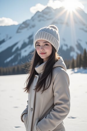 panorama,1girl, perfect body, skinny waist, Portrait Photography | She stands gracefully in the middle of a vast, snow-covered landscape, the mountains rising behind her like silent guardians, their peaks blanketed in shimmering white. The cold air surrounds her, yet she seems unaffected, her face glowing with warmth. Her smile is radiant and gentle, lighting up her soft features, her lips slightly parted in joy. Dark hair cascades from under a knit beanie, a few strands catching the breeze, adding a playful contrast to the snow. Her eyes sparkle with life, reflecting the crisp beauty of the winter scene around her. The pale sunlight filters through the clouds, casting a soft glow on her skin, which has a rosy hue from the cold. She wears a thick coat, its colors muted against the brilliant snow, and her hands are gloved, one resting on her hip while the other dangles loosely by her side. The snow crunches softly beneath her boots, marking her connection to the serene world around her as she stands, peaceful and content, surrounded by nature's quiet majesty. The photo was shot with an ISO of 100 to capture the clarity of the scene and reduce noise, while an aperture of f/8 ensures both the girl and the snowy landscape are in sharp focus. The shutter speed was set to 1/500s to freeze any subtle movement, like snowflakes drifting in the wind. The white balance was set to 'Cloudy' to bring out the cool blues of the snow, while post-processing introduced a light vignette and slightly desaturated colors to create a serene, nostalgic atmosphere. The vast expanse of the mountains adds a sense of isolation, while the girl’s quiet stance evokes a peaceful solitude.