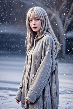 (white_hair), 
(Colorful winter clothes),  
Snow, tree, 
(cowboy shot), 
highres 32k wallpaper, ultra highres, masterpiece, ultra realistic, The atmosphere is captured in high grain, reminiscent of ISO 800 film with wide angle, photorealistic, REALISM
