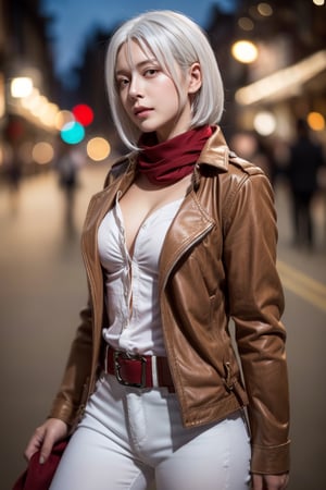 (1girl, white hair), busty body, (girl as mikasa ackerman), (brown jacket, open chest white shirt, unbuttoned, boots, belt, white pants, thigh strap, brown footwear, red scarf, paradis military uniform), (bokeh effect:1.3), cinematic lighting, ISO 800