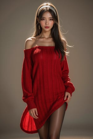 Cinematic Photography, panorama, full body shot, 1girl, red eyes, perfect body, skinny waist | She is wearing a stylish red, off shoulder knitted sweater dress with a relaxed fit, which has a slightly wide neckline. Her outfit is complemented by dark, opaque tights that emphasize her movement and balance. Her head features long, flowing dark hair with a silky texture that moves dynamically. She is wearing a wide, light-colored headband that holds her hair back, giving a tidy yet fashionable look. She also has a pair of long, gold earrings. | Perfect dynamic composition, Perfect Realism Photography, Portrait Photography, Realistic, hyper realistic