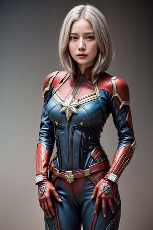 (asian girl, 18yo, white hair, suit of captain marvel), 
hands_on_hips, leg_lift, 
cowboy_shot, 
space ship, galaxy, universal, 
highres 32k wallpaper, ultra highres, masterpiece, ultra realistic, The atmosphere is captured in high grain, reminiscent of ISO 800 film with wide angle, photorealistic, REALISM