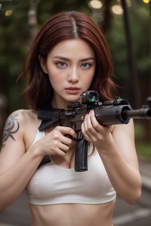 1girl, solo, red_hair, perfect body, perfect clavicle, cleavage, skinny waist, intense stare, suit of military, military uniform | (vine_tattoo), m16 rifle | battlefield in background, ambientlight | Perfect dynamic composition, Perfect Realism Photography, Portrait Photography, Realistic, (bokeh effect:1.3)