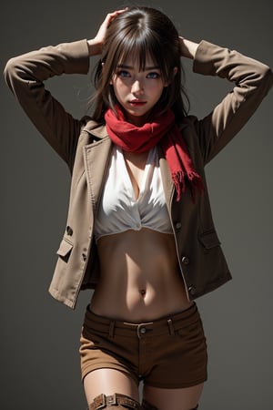 Cinematic Photography, 1girl, white_hair, perfect body, perfect clavicle, cleavage, skinny waist, red_glowing_eyes | She is wearing a brown jacket, a white shirt, a red scarf, and brown boots. Her boots are brown, and she is holding a sword in her right hand. Her left hand is raised in the air, while her right arm is bent at the elbow. Her eyes are a piercing blue. Her hair is a dark brown, with bangs and bangs. She has a serious expression on her face. | Perfect dynamic composition, Perfect Realism Photography, Portrait Photography, Realistic, hyper realistic