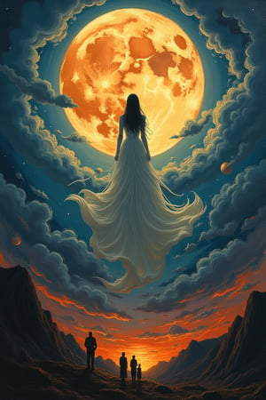 Perfect dynamic composition, Perfect Realism Photography, Portrait Photography, Realistic, hyper realistic, Cinematic Photography, panorama. | Painting "Mid-Autumn Festival, Chang'e Ascends to the Moon" in the style of Skrik (The Scream by Edvard Munch) | A swirling vortex of color and emotion. The serene image of Chang'e ascending toward the moon would be replaced by an ethereal, ghostly figure, her face twisted in an expression of both longing and existential fear. The moon, once a soft beacon of light, becomes a looming, distorted presence in the sky, glowing with an unsettling, almost ominous brightness. The surrounding clouds and night sky, instead of being calm, are now rendered in jagged, chaotic brushstrokes, their hues exaggerated into swirling oranges, reds, and purples, mirroring an inner turmoil. The landscape below, typically peaceful and harmonious in traditional depictions, undulates like a dreamscape, with distorted, ghostly silhouettes watching her ascent, emphasizing a sense of isolation and the fragility of the human condition in the face of the vast, uncaring universe. The entire scene vibrates with tension, as if the very fabric of reality is on the verge of unraveling.