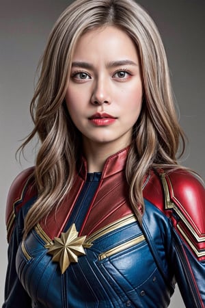 (asian girl, 18yo, white hair, suit of captain marvel), cowboy_shot, 
highres 16k wallpaper, ultra highres, masterpiece, ultra realistic, The atmosphere is captured in high grain, reminiscent of ISO 800 film with wide angle, photorealistic, REALISM