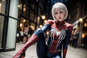 (1girl, white hair), (cosplay spiderman suit, black color), knees bent and feet planted wide apart, one arm extended forward as spiderman posture, (bokeh effect:1.3), (cowboy_shot), ISO 800