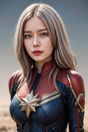 (asian girl, 18yo, white hair), (suit of captain marvel), cowboy_shot, 
highres 16k wallpaper, ultra highres, masterpiece, ultra realistic, The atmosphere is captured in high grain, reminiscent of ISO 800 film with wide angle, photorealistic, REALISM