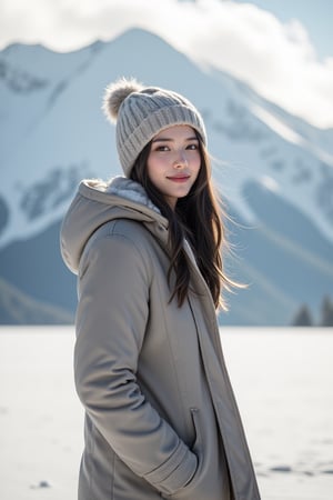 panorama,1girl, perfect body, skinny waist, Portrait Photography, Cinematic Photography | She stands gracefully in the middle of a vast, snow-covered landscape, the mountains rising behind her like silent guardians, their peaks blanketed in shimmering white. The cold air surrounds her, yet she seems unaffected, her face glowing with warmth. Her smile is radiant and gentle, lighting up her soft features, her lips slightly parted in joy. Dark hair cascades from under a knit beanie, a few strands catching the breeze, adding a playful contrast to the snow. Her eyes sparkle with life, reflecting the crisp beauty of the winter scene around her. The pale sunlight filters through the clouds, casting a soft glow on her skin, which has a rosy hue from the cold. She wears a thick coat, its colors muted against the brilliant snow, and her hands are gloved, one resting on her hip while the other dangles loosely by her side. The snow crunches softly beneath her boots, marking her connection to the serene world around her as she stands, peaceful and content, surrounded by nature's quiet majesty. The photo was shot with an ISO of 100 to capture the clarity of the scene and reduce noise, while an aperture of f/8 ensures both the girl and the snowy landscape are in sharp focus. The shutter speed was set to 1/500s to freeze any subtle movement, like snowflakes drifting in the wind. The white balance was set to 'Cloudy' to bring out the cool blues of the snow, while post-processing introduced a light vignette and slightly desaturated colors to create a serene, nostalgic atmosphere. The vast expanse of the mountains adds a sense of isolation, while the girl’s quiet stance evokes a peaceful solitude.