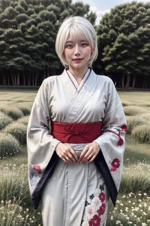 (1girl, white_hair), 
(red_white_kimono, elegant_detailed_pattern), 
Flower_field_background, 
((cowboy_shot)),
highres 32k wallpaper, ultra highres, highly detailed, masterpiece, ultra realistic, The atmosphere is captured in high grain, reminiscent of ISO 800 film with wide angle, photorealistic, REALISM
