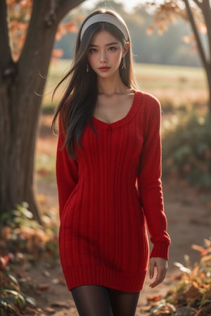 Cinematic Photography, panorama, full body shot, 1girl, perfect body, skinny waist | She is wearing a stylish red, knitted sweater dress with a relaxed fit, which has a slightly wide neckline. Her outfit is complemented by dark, opaque tights that emphasize her movement and balance. The sweater has a warm and cozy feel due to its textured knit pattern, while her dark tights create a sleek contrast, adding a modern and chic touch to the ensemble. Her head features long, flowing dark hair with a silky texture that moves dynamically, suggesting motion. She is wearing a wide, light-colored headband that holds her hair back, giving a tidy yet fashionable look. She also has a pair of long, gold earrings. | Perfect dynamic composition, Perfect Realism Photography, Portrait Photography, Realistic, hyper realistic