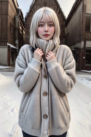 (1girl, white_hair), 
(winter clothes), 
Snow, trees, 
(cowboy_shot),
highres 32k wallpaper, ultra highres, highly detailed, masterpiece, ultra realistic, The atmosphere is captured in high grain, reminiscent of ISO 800 film with wide angle, photorealistic, REALISM
