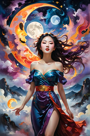 Perfect dynamic composition, Perfect Realism Photography, Portrait Photography, Realistic, hyper realistic, Cinematic Photography, panorama. | Painting "Mid-Autumn Festival, Chang'e Ascends to the Moon" in the style of Skrik (The Scream by Edvard Munch) | A swirling vortex of color and emotion. The serene image of Chang'e ascending toward the moon would be replaced by an ethereal, ghostly figure, her face twisted in an expression of both longing and existential fear. The moon, once a soft beacon of light, becomes a looming, distorted presence in the sky, glowing with an unsettling, almost ominous brightness. The surrounding clouds and night sky, instead of being calm, are now rendered in jagged, chaotic brushstrokes, their hues exaggerated into swirling oranges, reds, and purples, mirroring an inner turmoil. The landscape below, typically peaceful and harmonious in traditional depictions, undulates like a dreamscape, with distorted, ghostly silhouettes watching her ascent, emphasizing a sense of isolation and the fragility of the human condition in the face of the vast, uncaring universe. The entire scene vibrates with tension, as if the very fabric of reality is on the verge of unraveling.