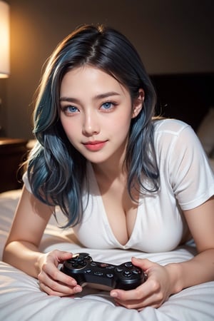 1girl, blue_hair:white_hair, perfect body, perfect clavicle, cleavage, skinny waist, smile | t-shirt, lie on bed, holding dark game controller | ambientlight, bedroom in background | Perfect dynamic composition, Perfect Realism Photography, Portrait Photography, Realistic, (bokeh effect:1.1)