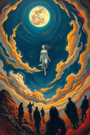 Perfect dynamic composition, Perfect Realism Photography, Portrait Photography, Realistic, hyper realistic, Cinematic Photography, panorama. | Painting "Mid-Autumn Festival, Chang'e Ascends to the Moon" in the style of Skrik (The Scream by Edvard Munch) | A swirling vortex of color and emotion. The serene image of Chang'e ascending toward the moon would be replaced by an ethereal, ghostly figure, her face twisted in an expression of both longing and existential fear. The moon, once a soft beacon of light, becomes a looming, distorted presence in the sky, glowing with an unsettling, almost ominous brightness. The surrounding clouds and night sky, instead of being calm, are now rendered in jagged, chaotic brushstrokes, their hues exaggerated into swirling oranges, reds, and purples, mirroring an inner turmoil. The landscape below, typically peaceful and harmonious in traditional depictions, undulates like a dreamscape, with distorted, ghostly silhouettes watching her ascent, emphasizing a sense of isolation and the fragility of the human condition in the face of the vast, uncaring universe. The entire scene vibrates with tension, as if the very fabric of reality is on the verge of unraveling.