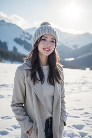 panorama,1girl, perfect body, skinny waist, Portrait Photography | She stands gracefully in the middle of a vast, snow-covered landscape, the mountains rising behind her like silent guardians, their peaks blanketed in shimmering white. The cold air surrounds her, yet she seems unaffected, her face glowing with warmth. Her smile is radiant and gentle, lighting up her soft features, her lips slightly parted in joy. Dark hair cascades from under a knit beanie, a few strands catching the breeze, adding a playful contrast to the snow. Her eyes sparkle with life, reflecting the crisp beauty of the winter scene around her. The pale sunlight filters through the clouds, casting a soft glow on her skin, which has a rosy hue from the cold. She wears a thick coat, its colors muted against the brilliant snow, and her hands are gloved, one resting on her hip while the other dangles loosely by her side. The snow crunches softly beneath her boots, marking her connection to the serene world around her as she stands, peaceful and content, surrounded by nature's quiet majesty. The photo was shot with an ISO of 100 to capture the clarity of the scene and reduce noise, while an aperture of f/8 ensures both the girl and the snowy landscape are in sharp focus. The shutter speed was set to 1/500s to freeze any subtle movement, like snowflakes drifting in the wind. The white balance was set to 'Cloudy' to bring out the cool blues of the snow, while post-processing introduced a light vignette and slightly desaturated colors to create a serene, nostalgic atmosphere. The vast expanse of the mountains adds a sense of isolation, while the girl’s quiet stance evokes a peaceful solitude.