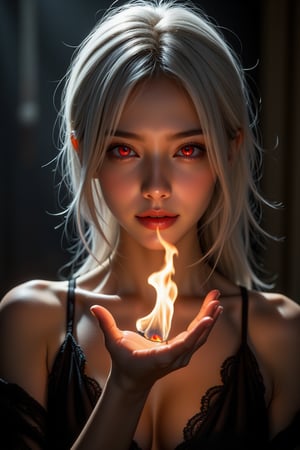 Cinematic Photography, 1girl, white_hair, perfect body, perfect clavicle, cleavage, skinny waist, red_glowing_eyes, correct fingers, perfect hands | A close-up shot of a young, stunningly beautiful girl, her face illuminated by flickering fire light, as she grasps a magic flame in the palm of her hand, resembling a wicked sorceress. The atmosphere is ominous and foreboding, with dark shadows dancing across the walls behind her. Her eyes gleam with an otherworldly intensity, as if harnessing the power of the fire. | Perfect dynamic composition, Perfect Realism Photography, Portrait Photography, Realistic, hyper realistic