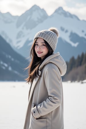 panorama,1girl, perfect body, skinny waist, Portrait Photography | She stands gracefully in the middle of a vast, snow-covered landscape, the mountains rising behind her like silent guardians, their peaks blanketed in shimmering white. The cold air surrounds her, yet she seems unaffected, her face glowing with warmth. Her smile is radiant and gentle, lighting up her soft features, her lips slightly parted in joy. Dark hair cascades from under a knit beanie, a few strands catching the breeze, adding a playful contrast to the snow. Her eyes sparkle with life, reflecting the crisp beauty of the winter scene around her. The pale sunlight filters through the clouds, casting a soft glow on her skin, which has a rosy hue from the cold. She wears a thick coat, its colors muted against the brilliant snow, and her hands are gloved, one resting on her hip while the other dangles loosely by her side. The snow crunches softly beneath her boots, marking her connection to the serene world around her as she stands, peaceful and content, surrounded by nature's quiet majesty. The photo was shot with an ISO of 100 to capture the clarity of the scene and reduce noise, while an aperture of f/8 ensures both the girl and the snowy landscape are in sharp focus. The shutter speed was set to 1/500s to freeze any subtle movement, like snowflakes drifting in the wind. The white balance was set to 'Cloudy' to bring out the cool blues of the snow, while post-processing introduced a light vignette and slightly desaturated colors to create a serene, nostalgic atmosphere. The vast expanse of the mountains adds a sense of isolation, while the girl’s quiet stance evokes a peaceful solitude.