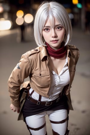 (1girl, white hair), busty body, (girl as mikasa ackerman), (brown jacket, open chest white shirt, unbuttoned shirt, boots, belt, white pants, thigh strap, brown footwear, red scarf, paradis military uniform), (bokeh effect:1.3), cinematic lighting, ISO 800