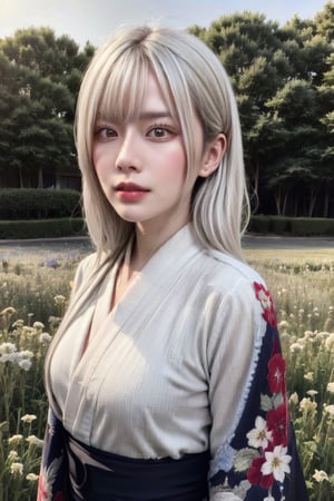 (1girl, white_hair), 
(red_white_blue_kimono, elegant_detailed_pattern), 
Flower_field_background, hellanthus annuus, 
((cowboy_shot)),
highres 32k wallpaper, ultra highres, highly detailed, masterpiece, ultra realistic, The atmosphere is captured in high grain, reminiscent of ISO 800 film with wide angle, photorealistic, REALISM
