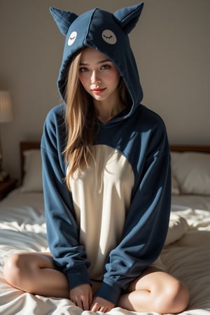 Perfect dynamic composition, Perfect Realism Photography, Portrait Photography, Realistic, hyper realistic, Cinematic Photography, full body shot, panorama, 1girl, perfect body, skinny waist | She is wearing a cozy, oversized hoodie inspired by the Snorlax’s soft and round appearance. The hoodie would be primarily dark blue with a large cream-colored belly section on the front to mimic the character’s body. The hood would feature small, pointy blue ears and a relaxed face design with closed eyes and tiny fangs peeking out for a sleepy, relaxed vibe. The sleeves and cuffs could have small white claws sewn in to match the character’s hands and feet. This hoodie would be perfect for a laid-back, comfortable, and playful look. | She sat cross-legged on the bed, her feet tucked comfortably beneath her as she leaned back against the headboard. The soft blanket was pulled up around her legs, and she absentmindedly traced the patterns on the fabric with her fingers. The bedroom was quiet, bathed in the soft light streaming in from the window, creating a cozy, intimate atmosphere