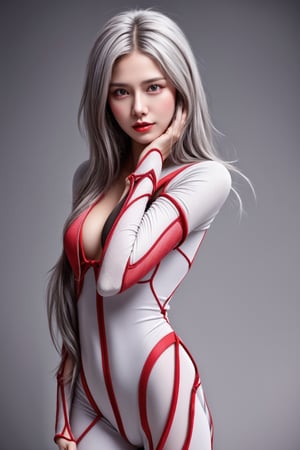 (asian girl, 18yo, white hair, red_eyes, white_ayanami_rei_plugsuit), 
hands_on_hips, leg_lift, 
cowboy_shot, 
highres 32k wallpaper, ultra highres, masterpiece, ultra realistic, The atmosphere is captured in high grain, reminiscent of ISO 800 film with wide angle, photorealistic, REALISM