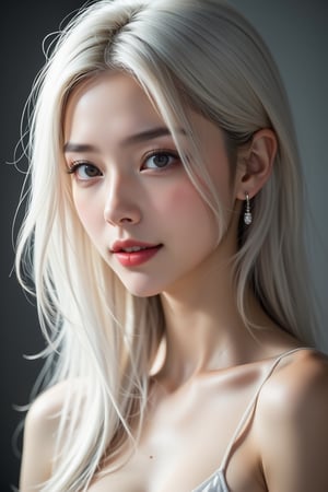 Cinematic Photography, 1girl, white_hair, perfect body, perfect clavicle, cleavage, skinny waist, red_glowing_eyes | A close-up shot of a young Asian woman with long, light blonde hair. She is facing the left side of the frame, her right ear is adorned with a silver diamond earring. Her left eye is slightly open, her left lip is a vibrant shade of pink. The background is blurred, creating a soft focus on the woman's face. The woman's hair cascades over her shoulders, adding a touch of movement to her face. | Perfect dynamic composition, Perfect Realism Photography, Portrait Photography, Realistic, hyper realistic