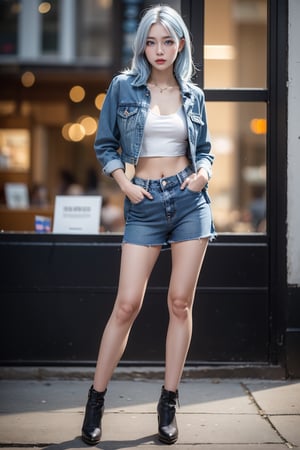 1girl, white_hair:blue_hair:0.5, perfect body, perfect clavicle, skinny waist, sadness | (unbutton denim jacket, undress:1.1), jeans | street in background, realistic, (bokeh effect:1.3)