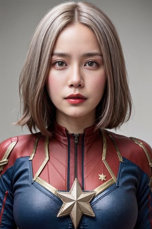 (asian girl, 18yo, white hair, suit of captain marvel), cowboy_shot, 
highres 16k wallpaper, ultra highres, masterpiece, ultra realistic, The atmosphere is captured in high grain, reminiscent of ISO 800 film with wide angle, photorealistic, REALISM