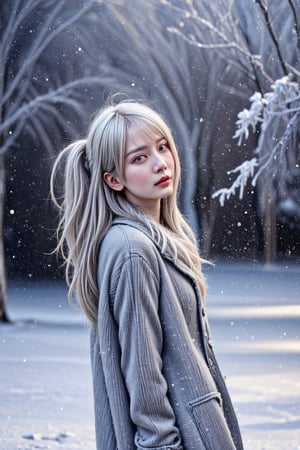 (white_hair), 
Colorful winter clothes,  
Snow, tree, 
(cowboy shot), 
highres 32k wallpaper, ultra highres, masterpiece, ultra realistic, The atmosphere is captured in high grain, reminiscent of ISO 800 film with wide angle, photorealistic, REALISM