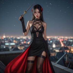 Cinematic Photography, panorama, full body shot, 1girl, red eyes, perfect body, skinny waist | She is wearing a black form-fitting sleeveless dress, revealing the upper part of her thighs. while the dress has thin, criss-crossing black straps and a unique choker-style neckline with cut-out sections that highlight her shoulders and chest area. She is wearing thigh-high black stockings with cut-out designs near the top, creating a bold and striking contrast against the smooth, matte finish of the fabric. Her hands are adorned with short black gloves that extend past the wrist. She is wearing black high heels. Her dress has a flowing cape or cloak with a red inner lining. A golden rose-shaped accessory is pinned to her hair, and she is holding a dagger above her head. | Her posture is assertive and commanding, as she stands with one arm extended, holding a golden rapier with confidence. Her body is slightly angled forward, with her other hand resting on her hip, creating a stance that conveys both readiness and authority. She gazes forward with intensity, exuding strength and control. | The background features a rooftop setting under a night sky filled with stars, with a cityscape stretching out in the distance. The city below is illuminated with soft, glowing lights, which create a sense of depth and scale. The setting suggests that she might be in a high place, perhaps overlooking a grand or important location, as though she is watching over or preparing for an action. | Perfect dynamic composition, Perfect Realism Photography, Portrait Photography, Realistic, hyper realistic