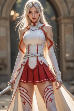 Cinematic Photography, 1girl, white_hair, perfect body, skinny waist | A young woman in a white and red warrior outfit stands in a dynamic battle stance. Her sleeveless top with chest armor, red-gold shoulder accents, and pleated red skirt with royal cross patterns evokes medieval nobility. She wears thigh-high white stockings with red royal cross designs, long white gloves, and ankle-high boots. A cape-like back skirt flows behind her, adding motion. She grips a smallsword firmly in front, angled upward, her posture balanced and ready to strike. The scene is set in a fantasy battlefield, with her intense gaze locked on an unseen opponent. The backdrop might be a fantastical battlefield or medieval setting, where her attire not only serves as protection but also represents her strength and status in combat. | Perfect dynamic composition, Perfect Realism Photography, Portrait Photography, Realistic, hyper realistic, full shot, panorama