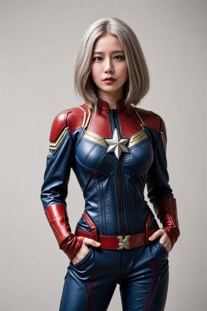 (asian girl, 18yo, white hair), (suit of captain marvel), hands_on_hips, leg_lift, (cowboy_shot), space, 
highres 16k wallpaper, ultra highres, masterpiece, ultra realistic, The atmosphere is captured in high grain, reminiscent of ISO 800 film with wide angle, photorealistic, REALISM