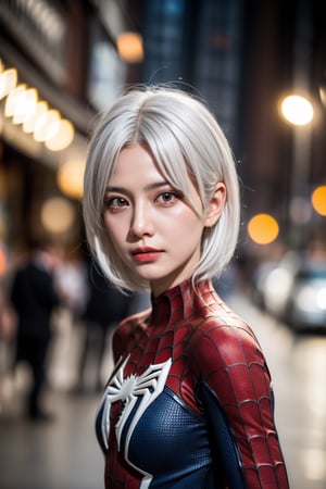 (1girl, white hair), (spiderman suit), cosplay, (bokeh effect:1.3), (cowboy_shot), from front, ISO 800