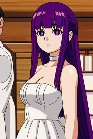 purple eyes, blunt bangs, sidelocks, half updo, bright pupils, 1 girl, purple hair, long hair, white dress, women, upper_body, shop
