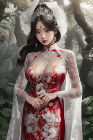 The image depicts a beauty vietnamese girl in white ao dai with her beauty lovely face smiling, standing outdoors amidst ethereal lighting. She is wearing a long, white ao dai with intricate designs on the sleeves.  She is standing in an outdoor setting that appears to be a garden or forest, with trees and rocks visible in the background. Ethereal beams of light filter through the trees, casting an otherworldly glow on the scene. There's a mystical or serene atmosphere created by the combination of natural elements and lighting.,Ao Dai,ao dai,dress,woman,Young beauty spirit ,Vietnamese,Jun_v1, gigantic breasts