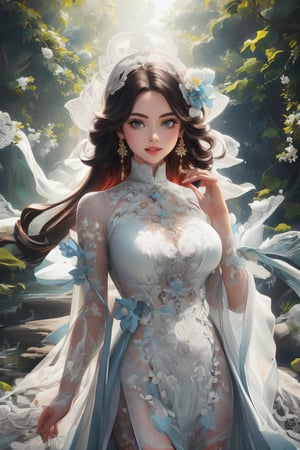 The image depicts a beauty vietnamese girl in white ao dai with her beauty lovely face smiling, standing outdoors amidst ethereal lighting. She is wearing a long, white ao dai with intricate designs on the sleeves.  She is standing in an outdoor setting that appears to be a garden or forest, with trees and rocks visible in the background. Ethereal beams of light filter through the trees, casting an otherworldly glow on the scene. There's a mystical or serene atmosphere created by the combination of natural elements and lighting.,Ao Dai,ao dai,dress,woman,Young beauty spirit ,Vietnamese,Jun_v1, gigantic breasts