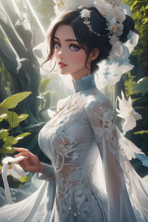 The image depicts a beauty vietnamese girl in white ao dai with her beauty lovely face smiling, standing outdoors amidst ethereal lighting. She is wearing a long, white ao dai with intricate designs on the sleeves.  She is standing in an outdoor setting that appears to be a garden or forest, with trees and rocks visible in the background. Ethereal beams of light filter through the trees, casting an otherworldly glow on the scene. There's a mystical or serene atmosphere created by the combination of natural elements and lighting.,Ao Dai,ao dai,dress,woman,Young beauty spirit ,Vietnamese,Jun_v1, gigantic breasts